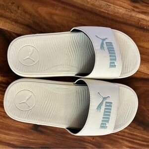 Puma White Slides with Blue Logo